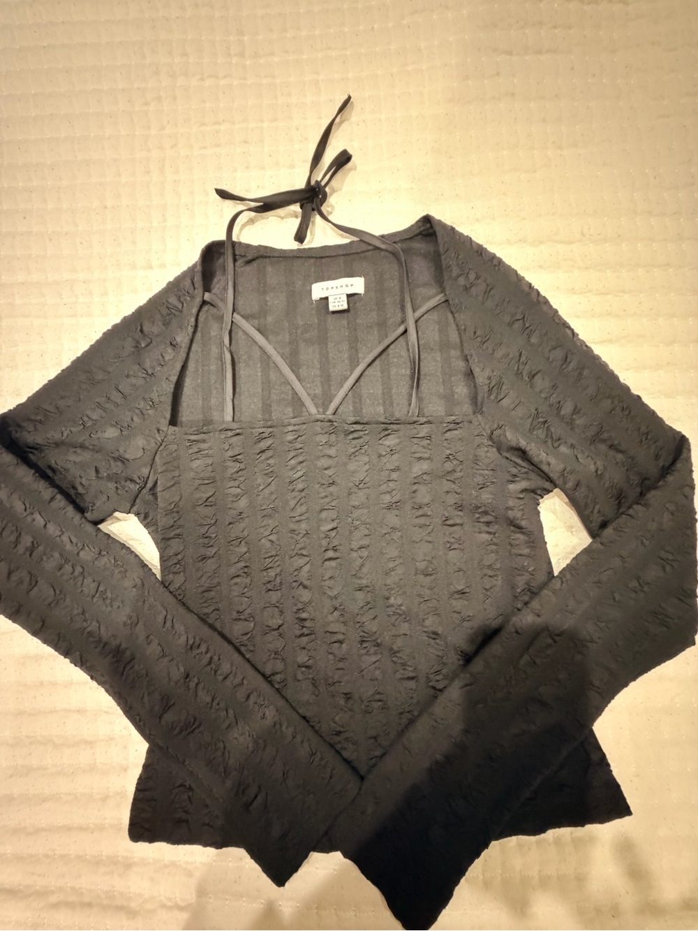 Topshop Black Textured Square-Neck Long Sleeve Top with Tie Straps